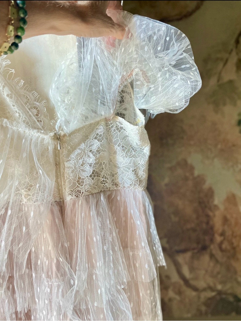 Watters Tiered Lace & Swiss Dot Wedding Dress, Custom Tulle Flutter Sleeves, 8 - Picture 15 of 15